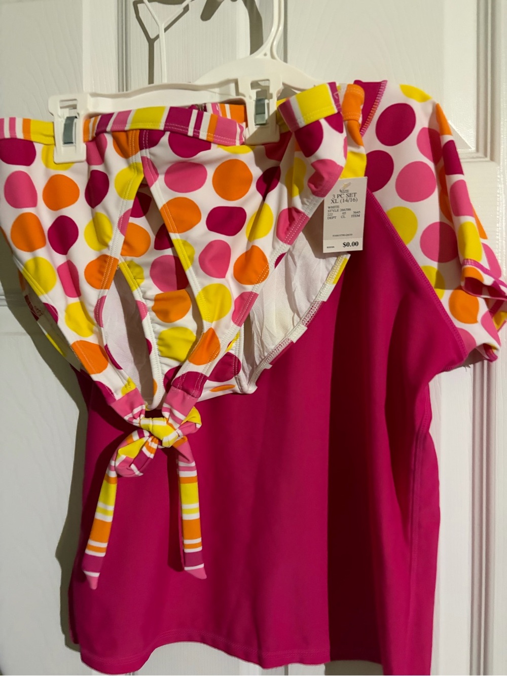 NWOT Girls Pink Multicolor Polka Dot Bikini Set w/Rash Guard Top